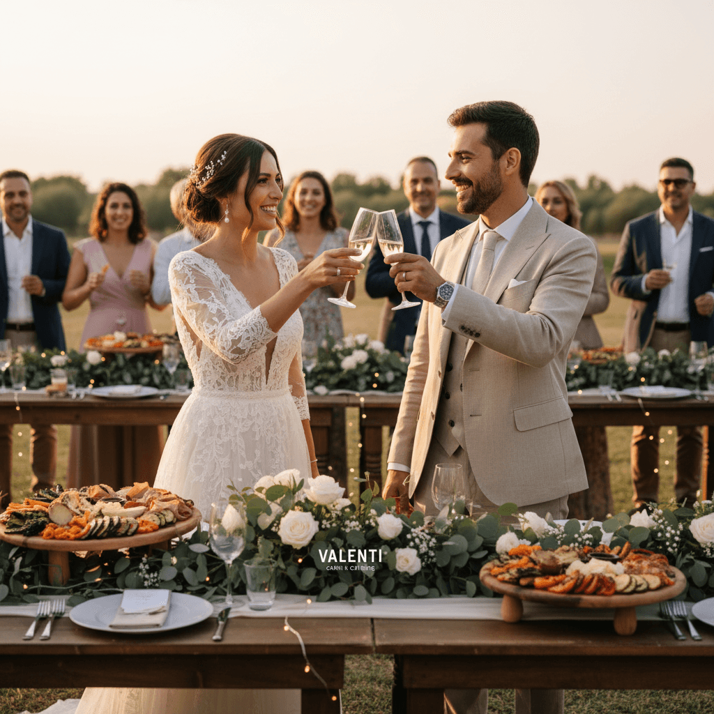 Sposi che brindano al ricevimento di matrimonio catering