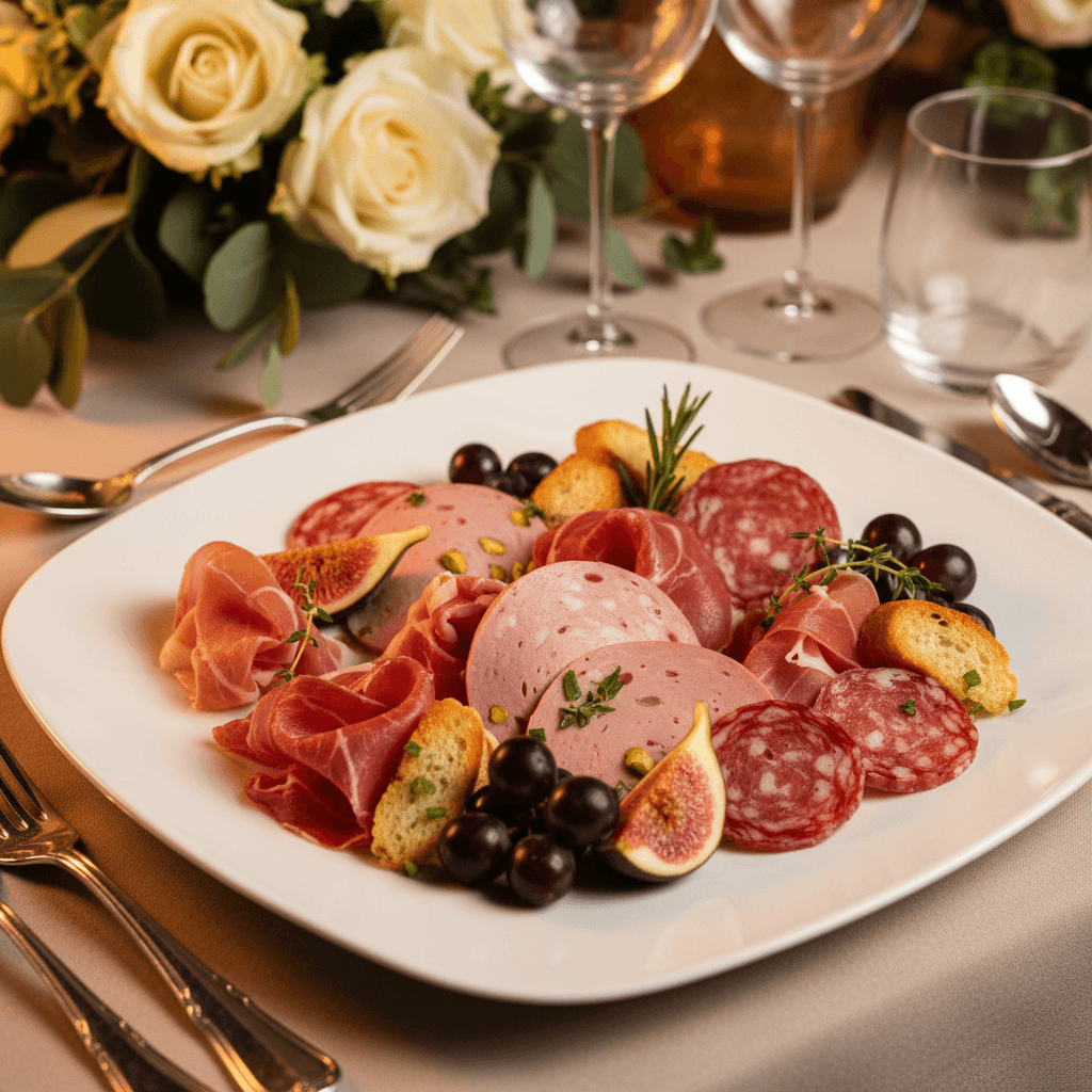 Piatto elegante di carni pregiate per matrimoni
