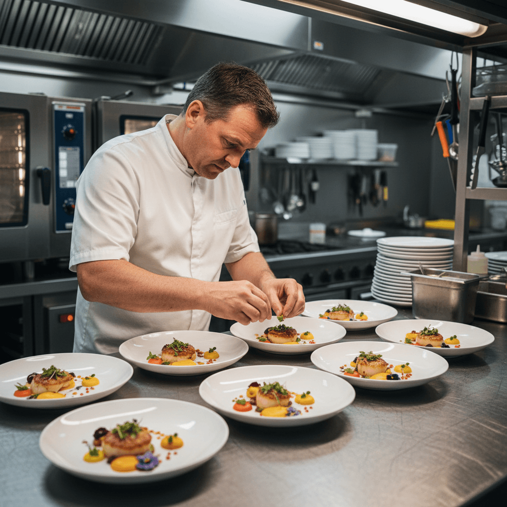 Preparazione piatti in cucina professionale per catering