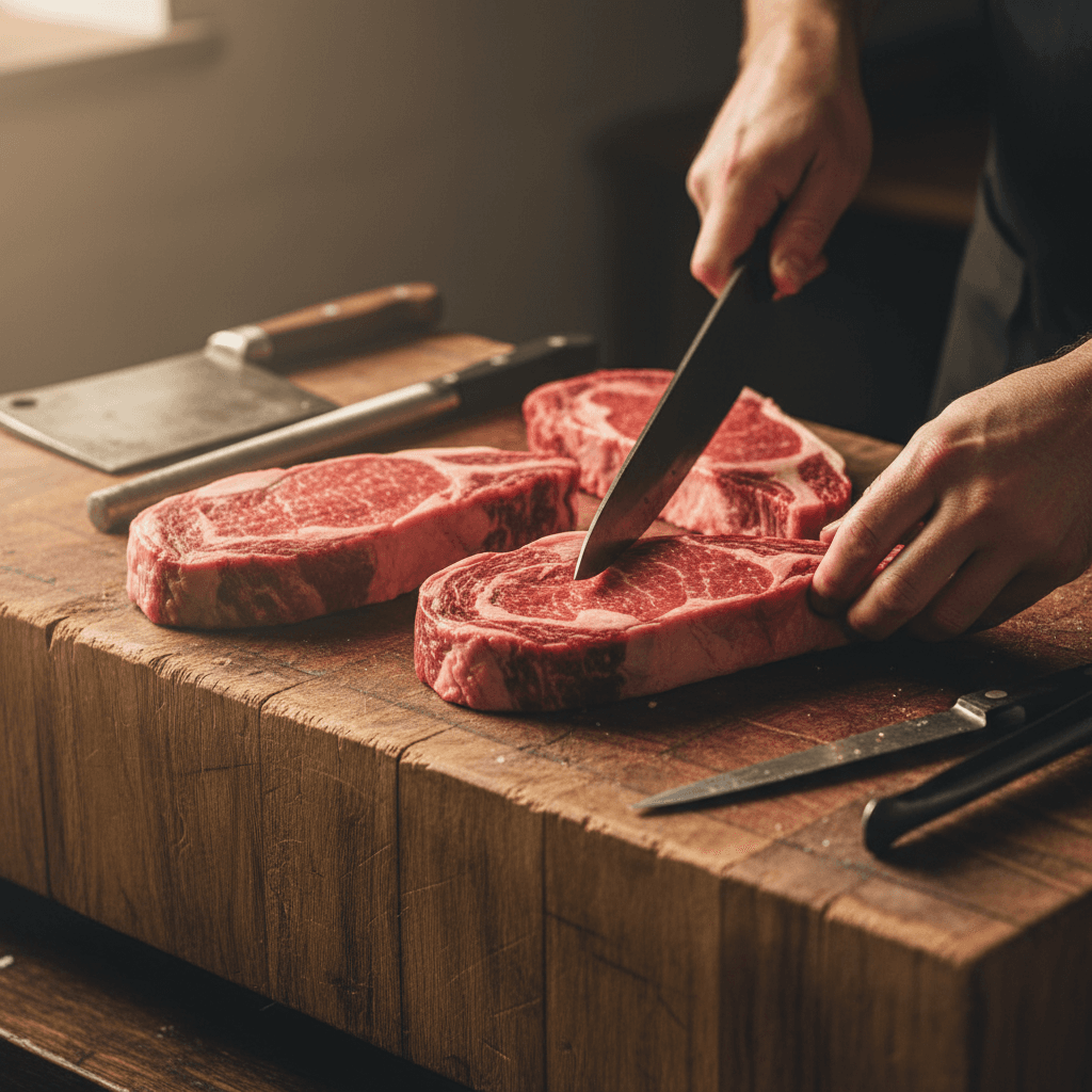 Carni selezionate di alta qualità su banco di macelleria