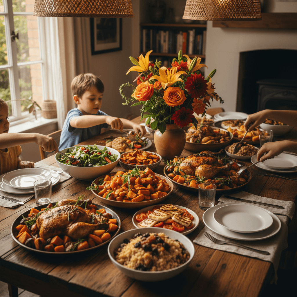 Tavola festiva con piatti generosi per battesimo